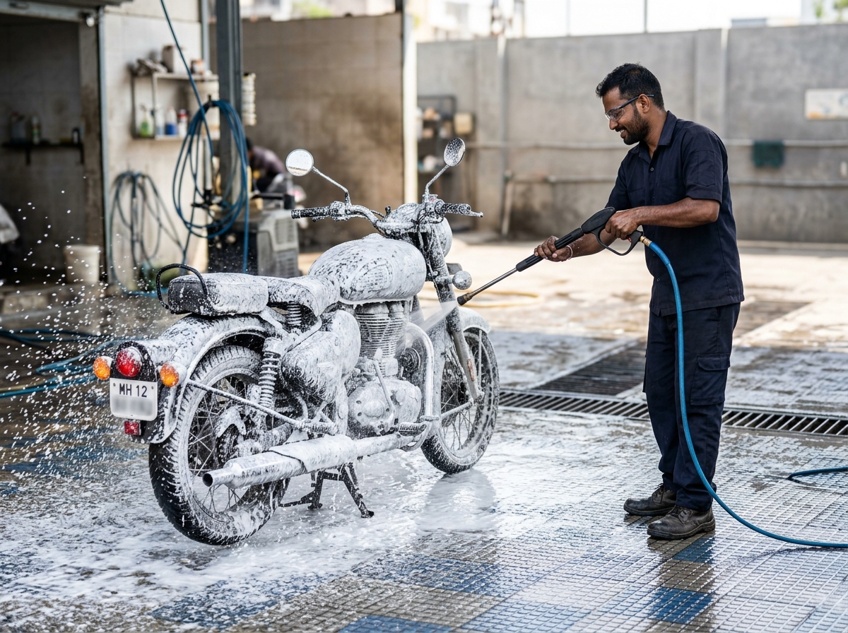 Technician pressure washing Royal Enfield motorcycle with foam