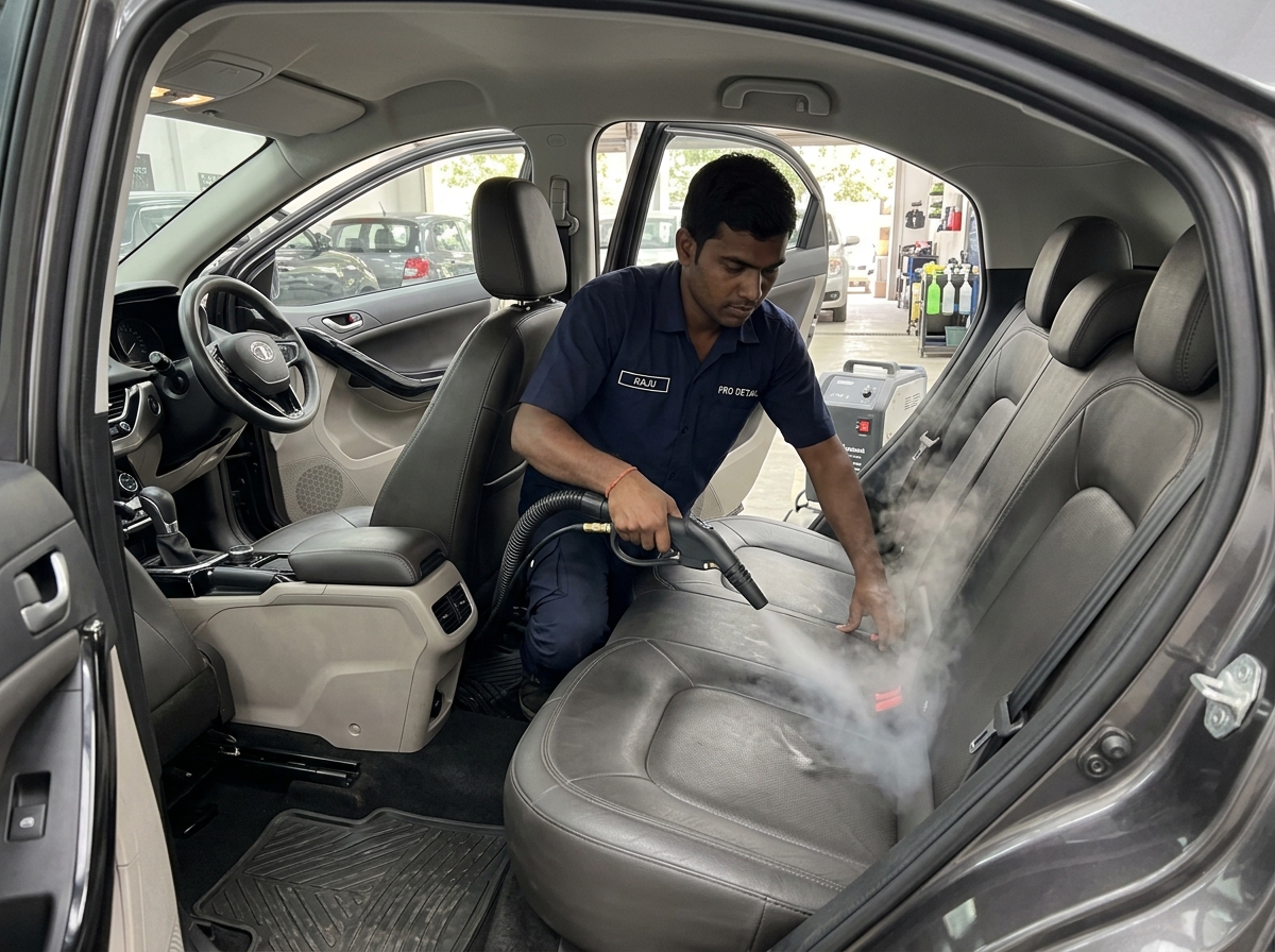 Car detailing professional steam cleaning car interior