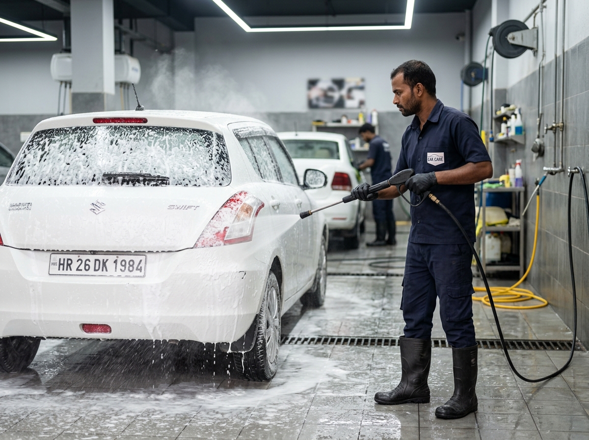 Car wash technician pressure washing car with snow foam