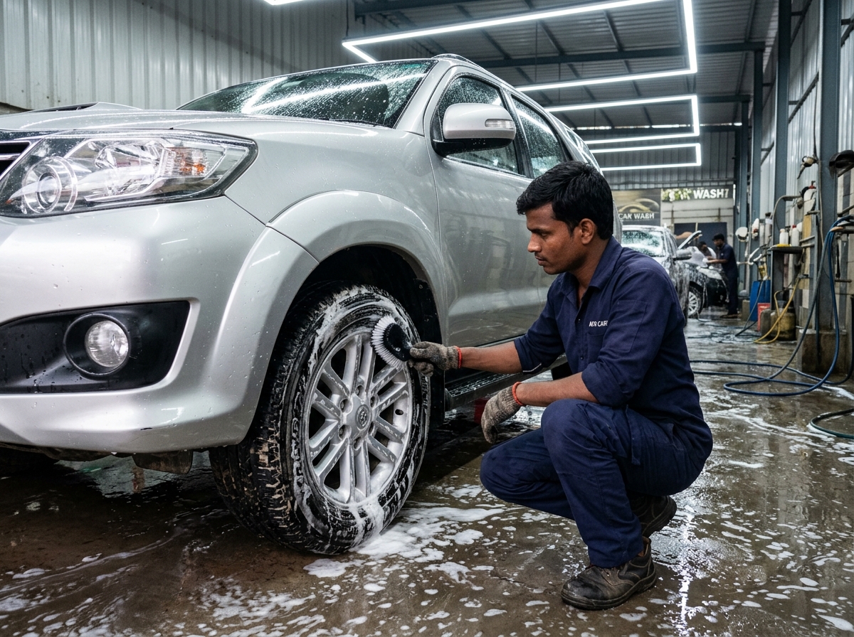 Car wash technician scrubbing alloy wheel of SUV
